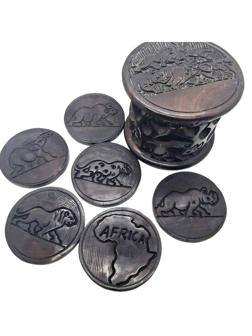 African Wildlife Hand-Carved Wooden Coaster Set Safari Animals Rhino Lion Heavy